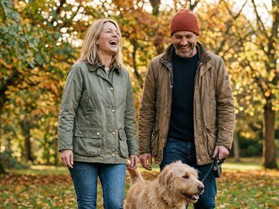 Couple walking a dog